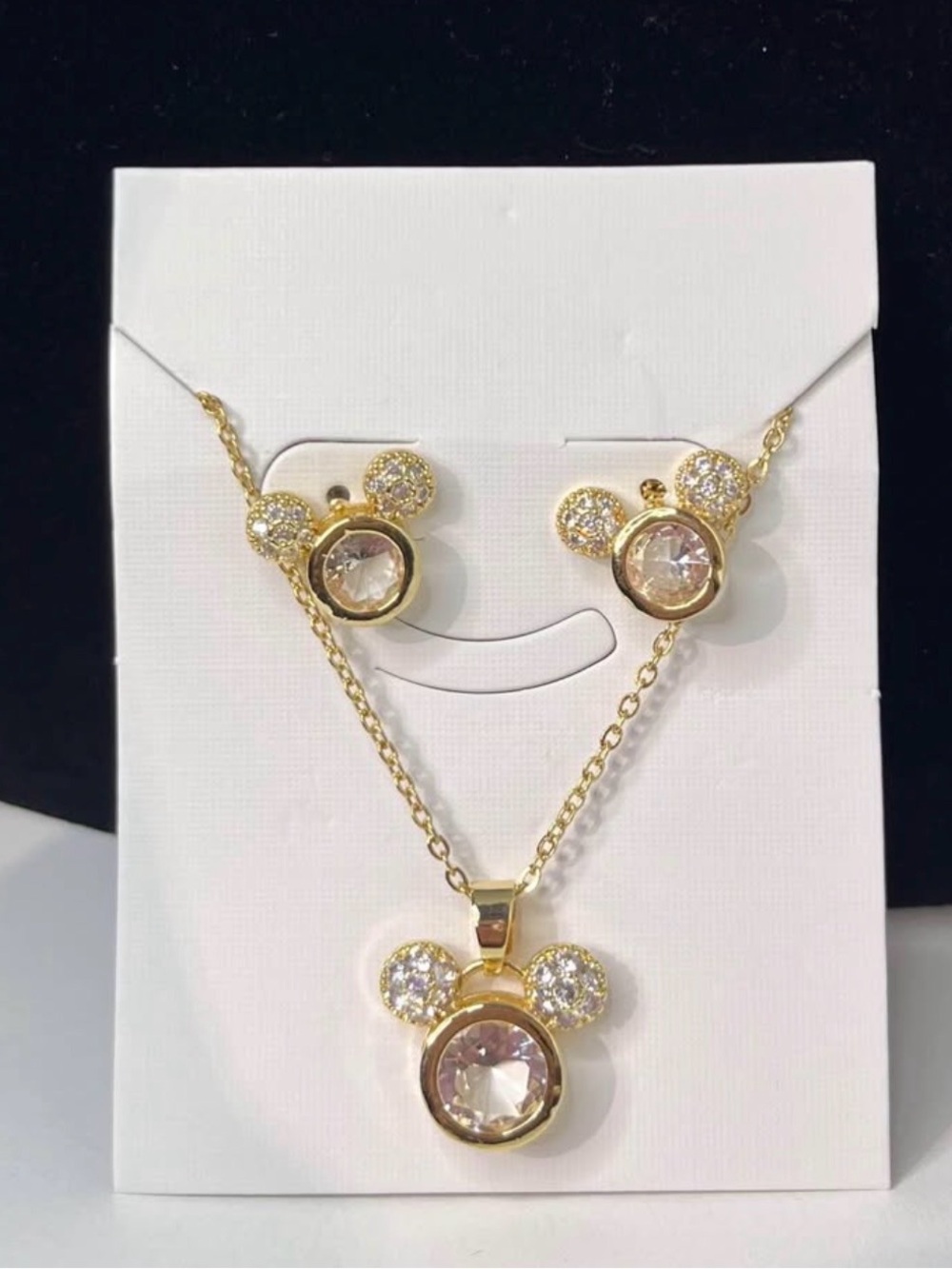Gold Tone Crystal Mouse Pendant Necklace and Stud Earrings Set